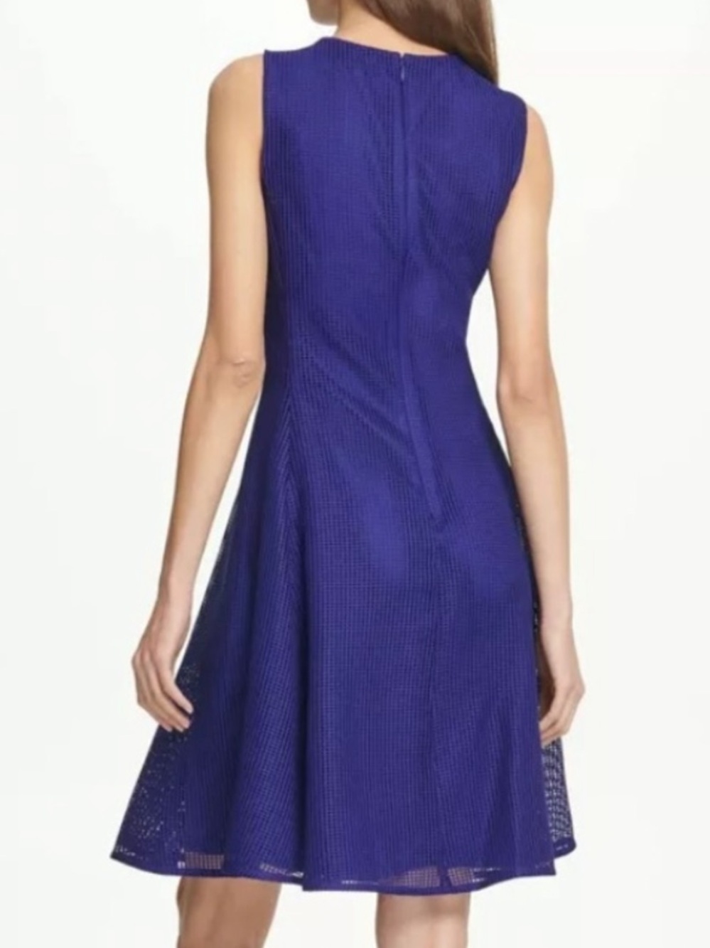 DKNY Blue Mesh Midi Dress Size 12 Fit & Flare Sleeveless A-Line Zip Front - Picture 2 of 9